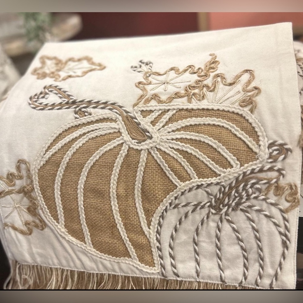 Pumpkin Embroidered Tan, White, and Cream Table Runner 72” length